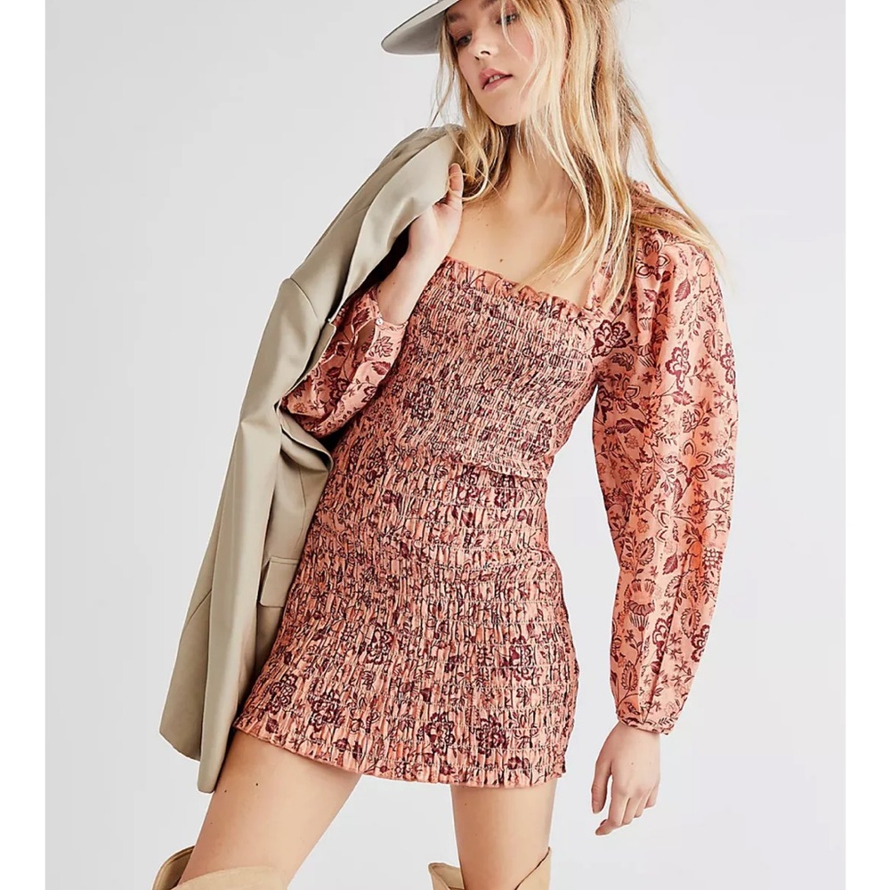 Free People Smock It To Me Apricot Combo Mini Dress XS